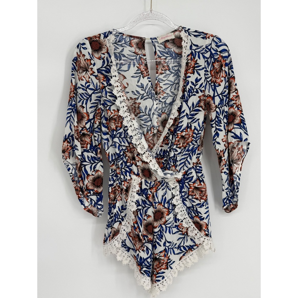 Alythea Floral Long Sleeve Romper White Blue Orange Crochet Lace Trim Sz S